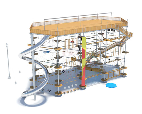 Das effizienteste Hochseilgarten Modell von KristallTurm mit 13 oder 14 Masten und einer Kapazität von bis zu 150 Klettergästen