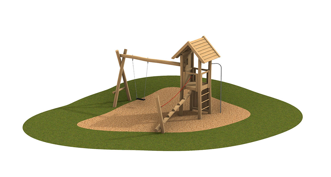 KristallTurm Spielkombination Flamingo 2 mit Spielturm, Balancierbalken, Schaukel und Feuerwehrstange
