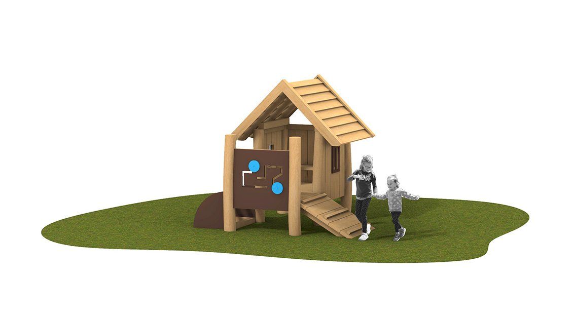 KristallTurm - kleines Spielhaus in Form einer Wikingerhütte mit spielenden Kindern