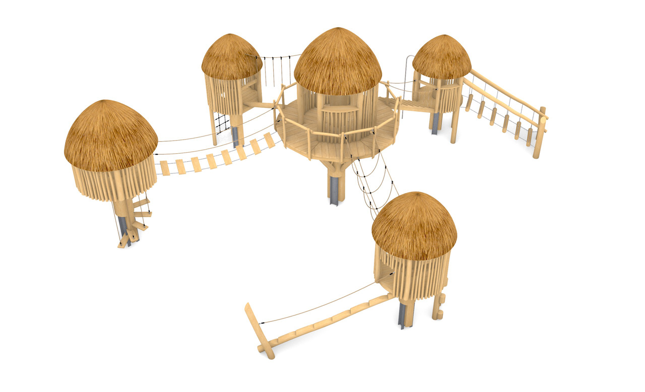 KristallTurm Spielturm-Anlage Tahiti Dorf - fünf Baumhäuser mit Strohdächern