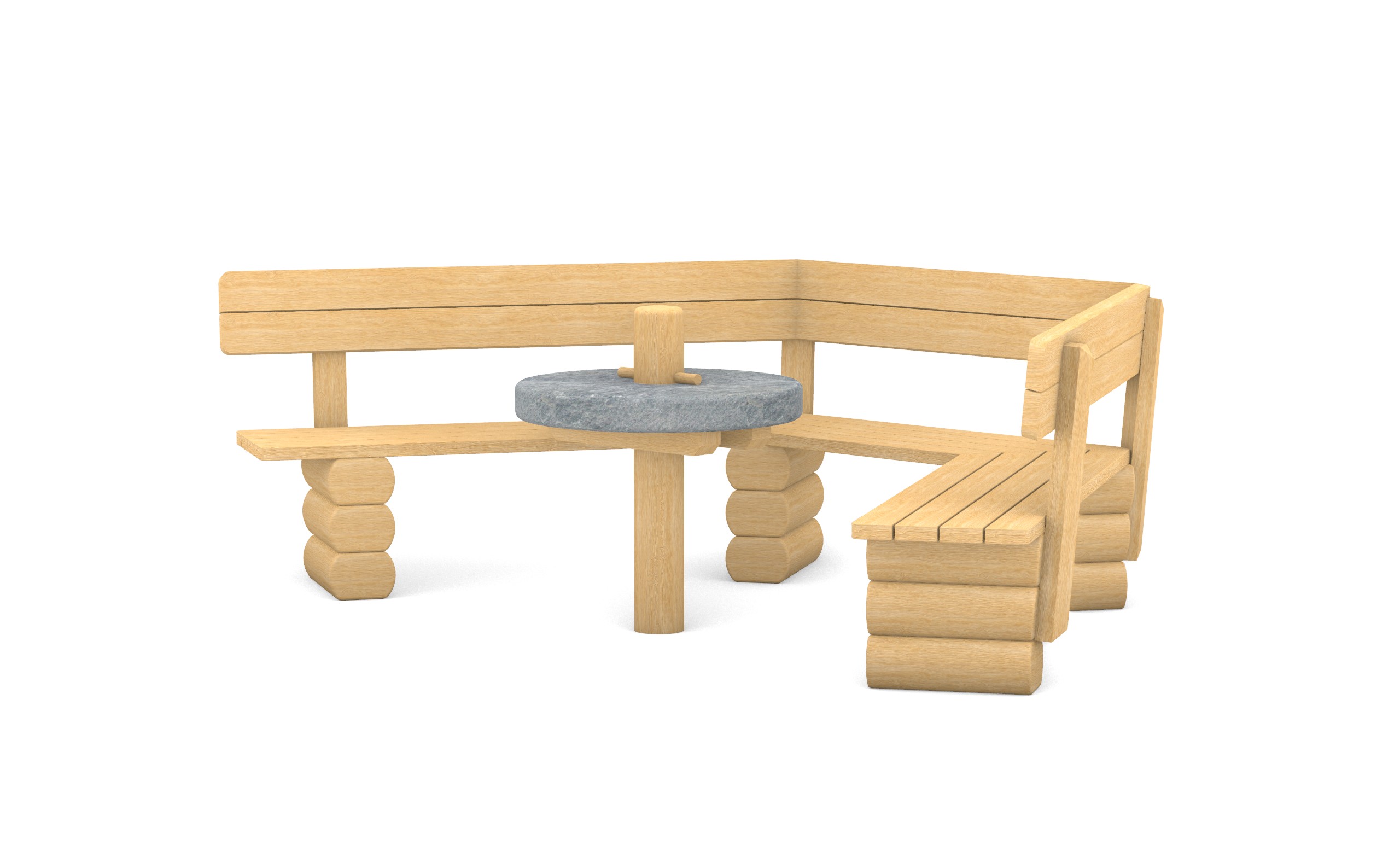 Sitzgruppe mit einem Tisch in Form eines Mühlsteins