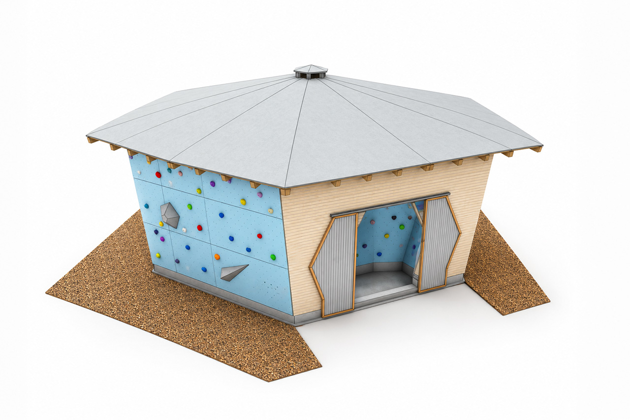 KristallTurm Boulderpavillon 4m Standard mit Kletterfläche innen und außen